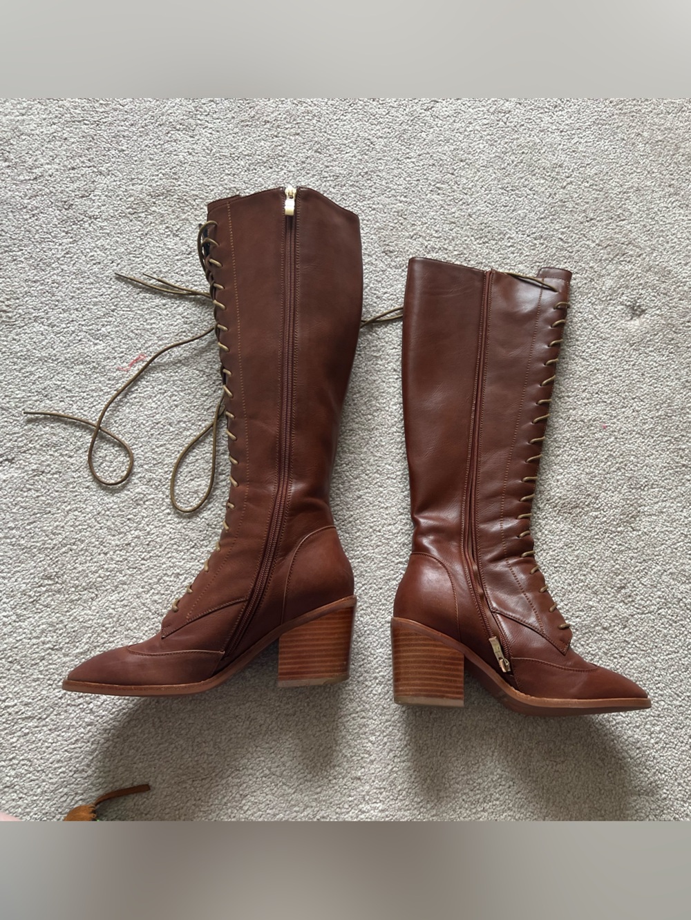 Women's Brown Lace-Up Mid-Calf Leather Boots with Block Heel, Sz 6.5-7, EU 37